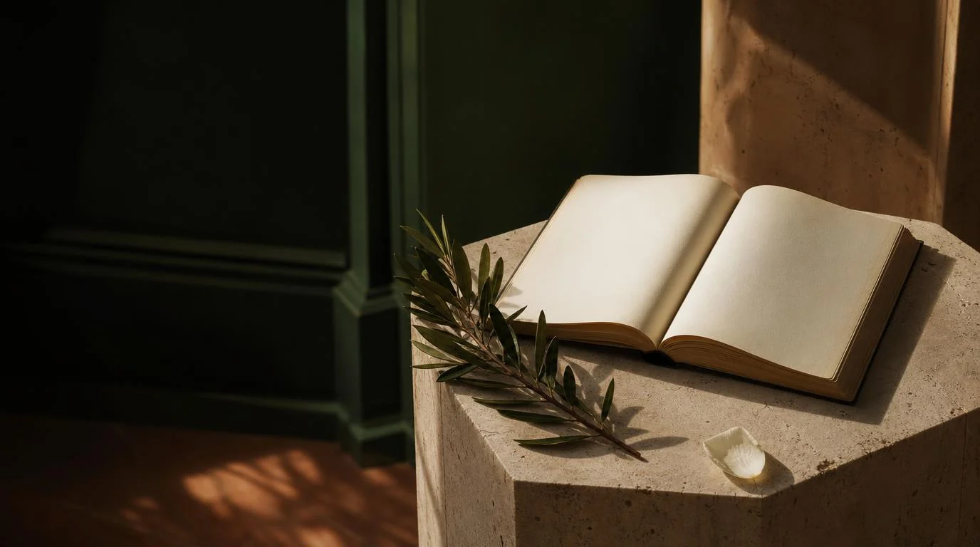 Libro abierto junto a una rama de olivo, escena editorial creada con IA