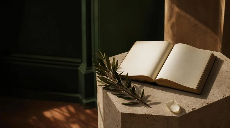 Libro abierto junto a una rama de olivo, escena editorial creada con IA
