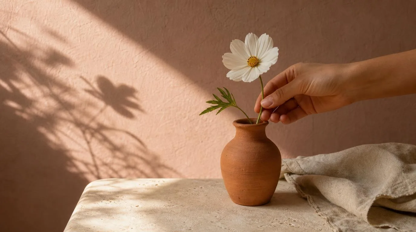 Una mano coloca una flor en un jarrón de terracota; escena editorial creada con IA sobre el cuidado cotidiano.