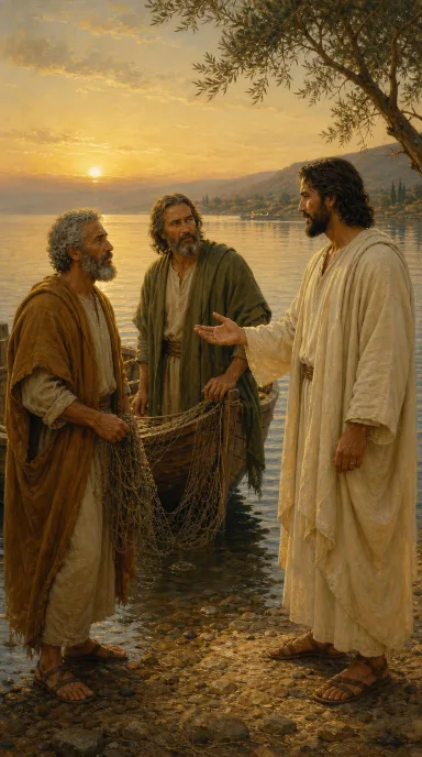 Jesús llama a Pedro y Andrés junto al lago de Galilea. Interpretación artística creada con IA.