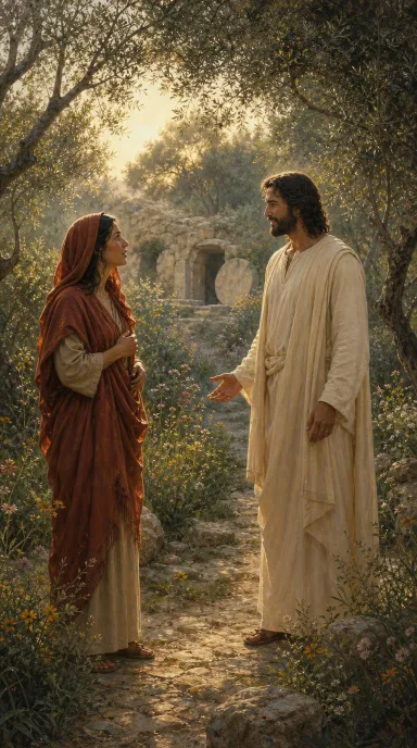 María Magdalena encuentra a Jesús resucitado cerca del sepulcro. Interpretación artística creada con IA.